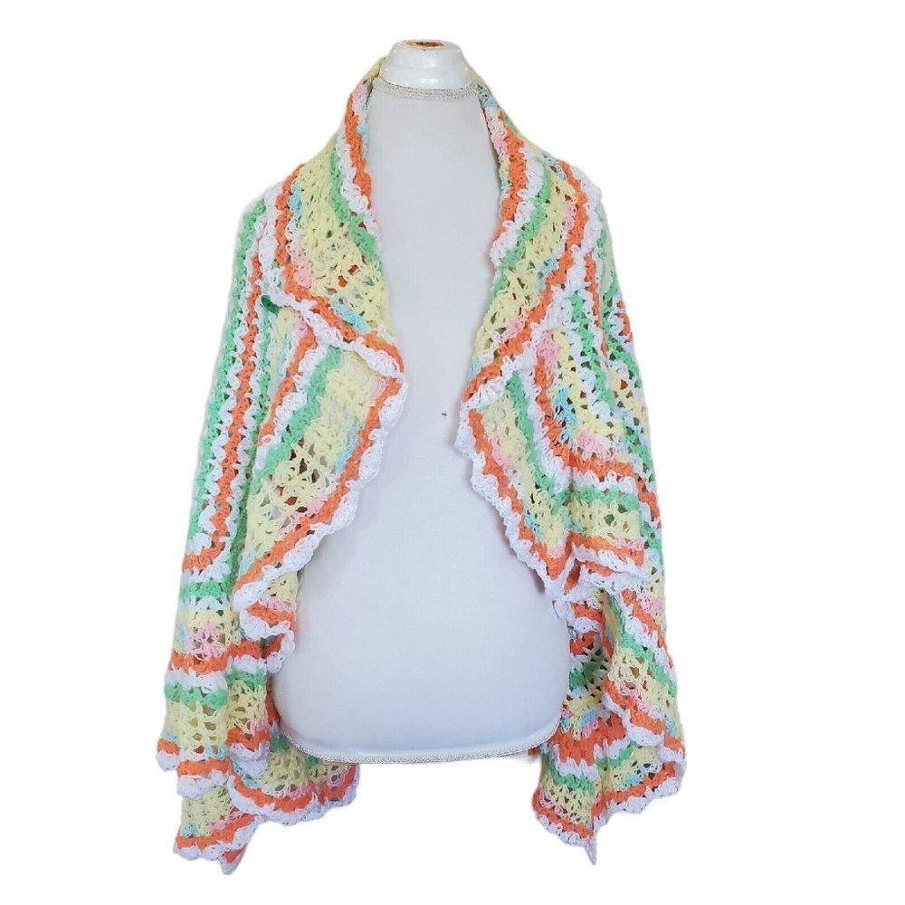 Vintage 70s Knit Afghan Shawl Wrap‎ Striped Orange Yellow Green